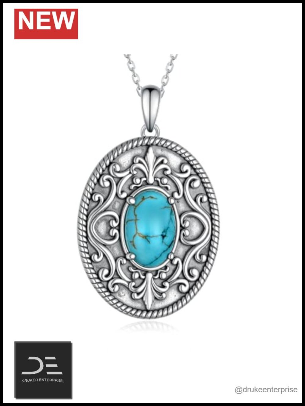 Genuine Turquoise Necklace 925 Sterling Silver Western Filigree Pendant Women